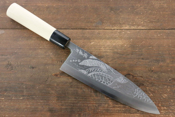 Sakai Takayuki Kasumitogi White Steel Turtle engraving Deba Magnolia Handle - Japanny - Best Japanese Knife