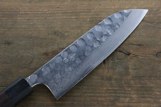 Seisuke Blue Steel No.2 Hammered Damascus Santoku 180mm Shitan Handle - Japanny - Best Japanese Knife