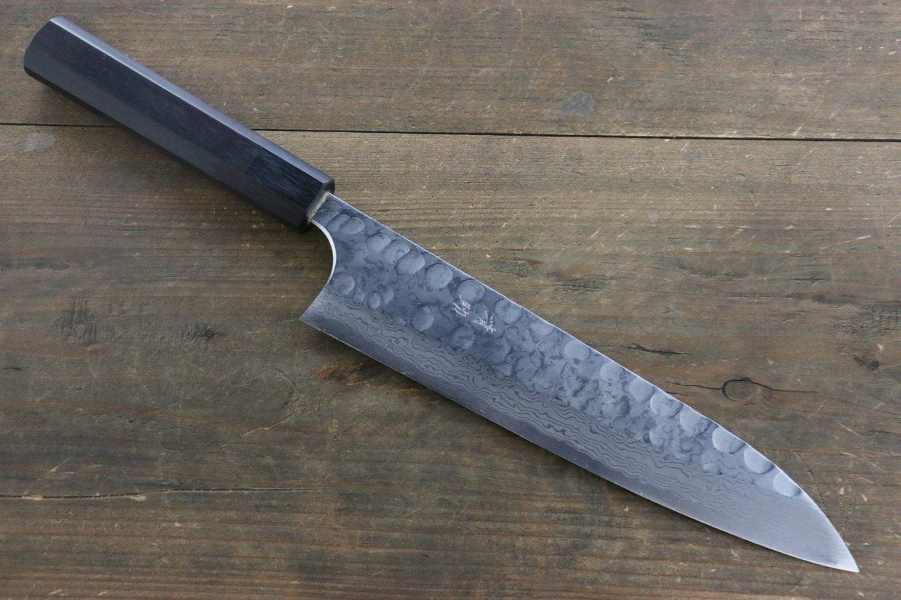 Seisuke Blue Steel No.2 Hammered Damascus Gyuto 210mm Shitan Handle - Japanny - Best Japanese Knife