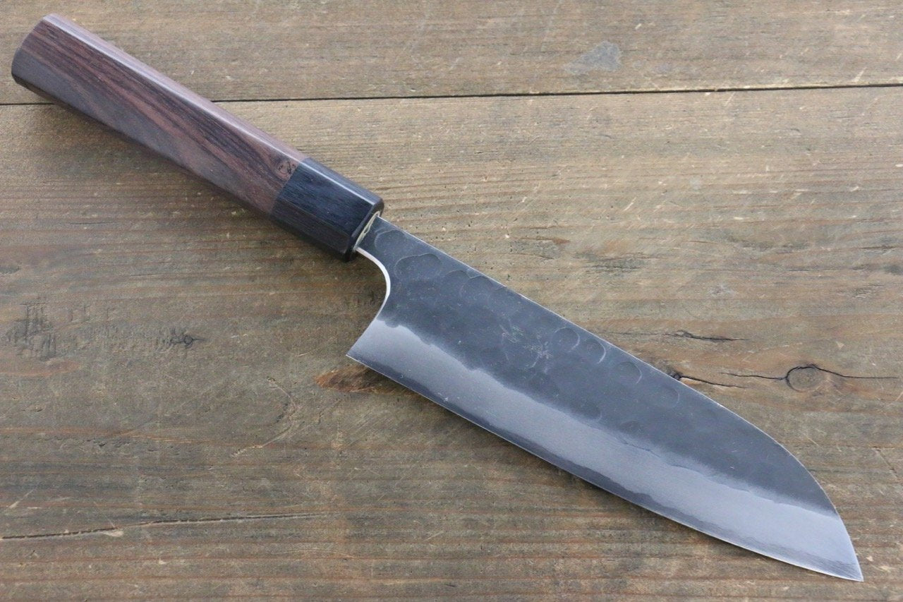 Seisuke Blue Steel No.2 Hammered Kurouchi Santoku 180mm Shitan Handle - Japanny - Best Japanese Knife