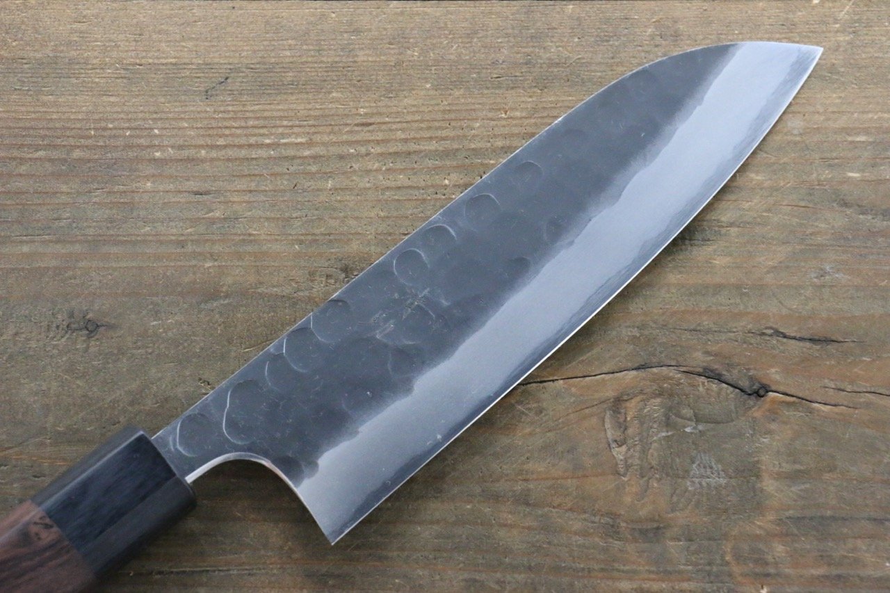Seisuke Blue Steel No.2 Hammered Kurouchi Santoku 180mm Shitan Handle - Japanny - Best Japanese Knife