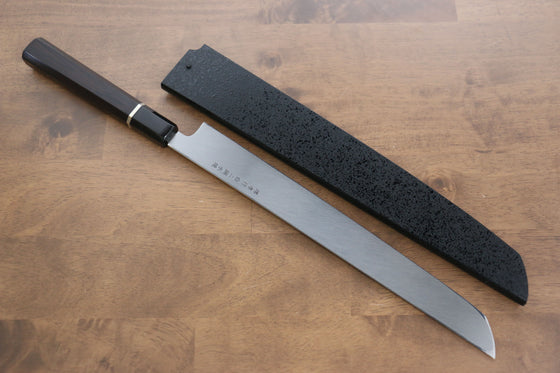 Sakai Takayuki Water Quenching Honyaki White Steel No.2 Mirrored Finish Sakimaru Yanagiba 300mm Ebony with Ring Handle with Sheath - Japanny - Best Japanese Knife