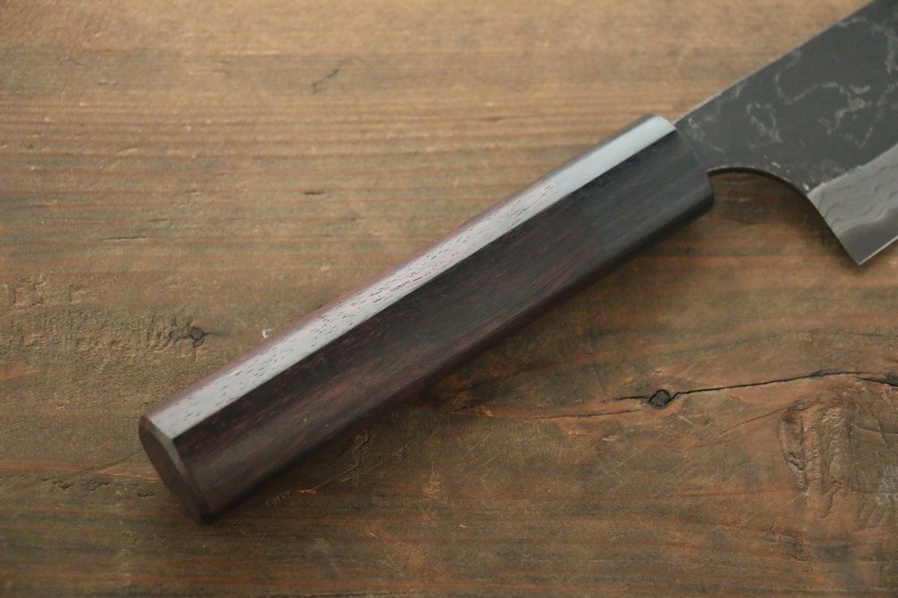 Shungo Ogata White Steel No.2 Kurouchi Damascus Santoku 180mm Shitan Handle - Japanny - Best Japanese Knife