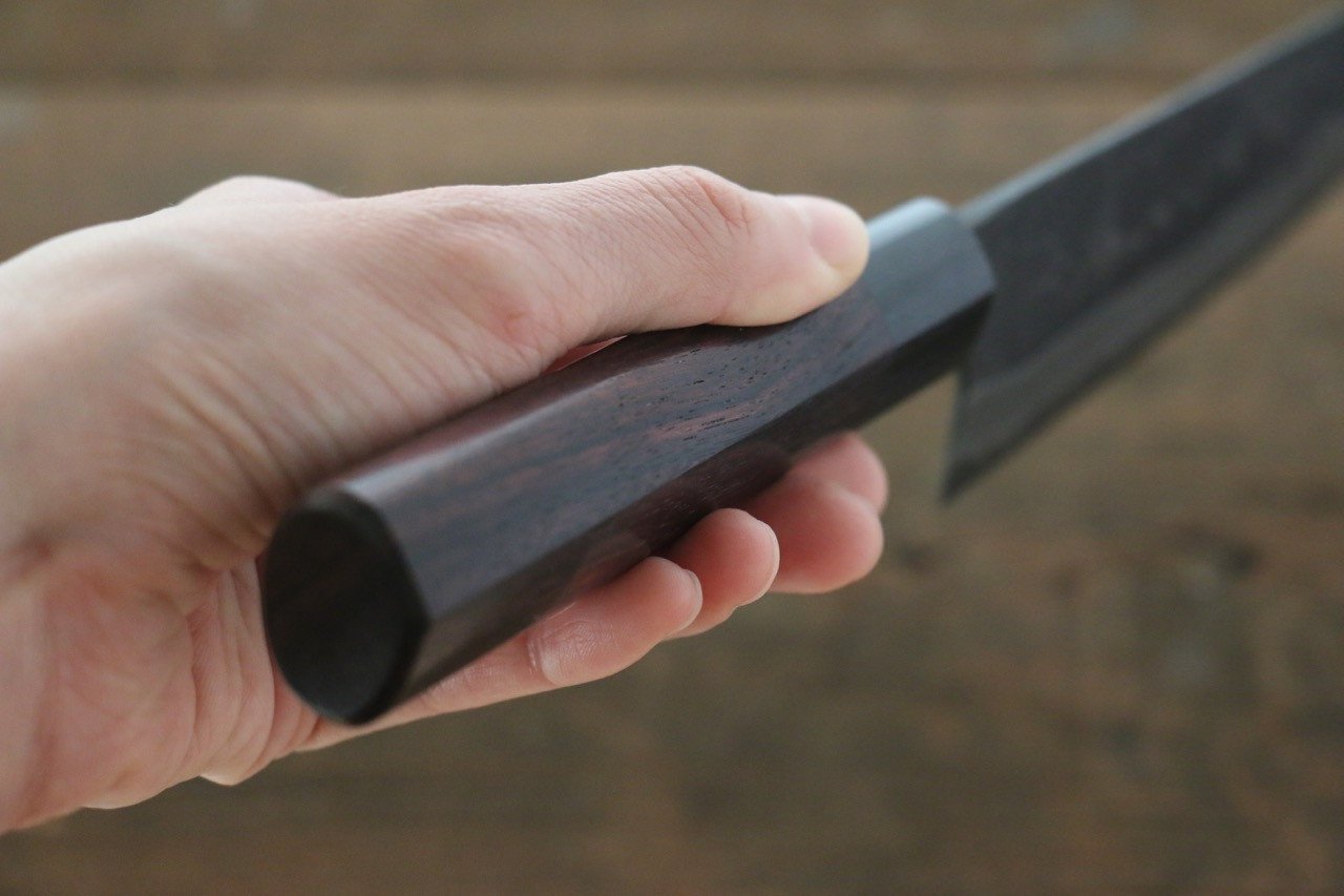 Shungo Ogata White Steel No.2 Kurouchi Damascus Santoku 180mm Shitan Handle - Japanny - Best Japanese Knife