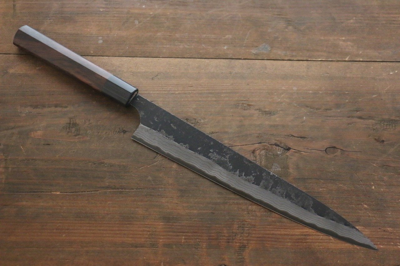 Shungo Ogata White Steel No.2 Kurouchi Damascus Sujihiki 240mm Shitan Handle - Japanny - Best Japanese Knife