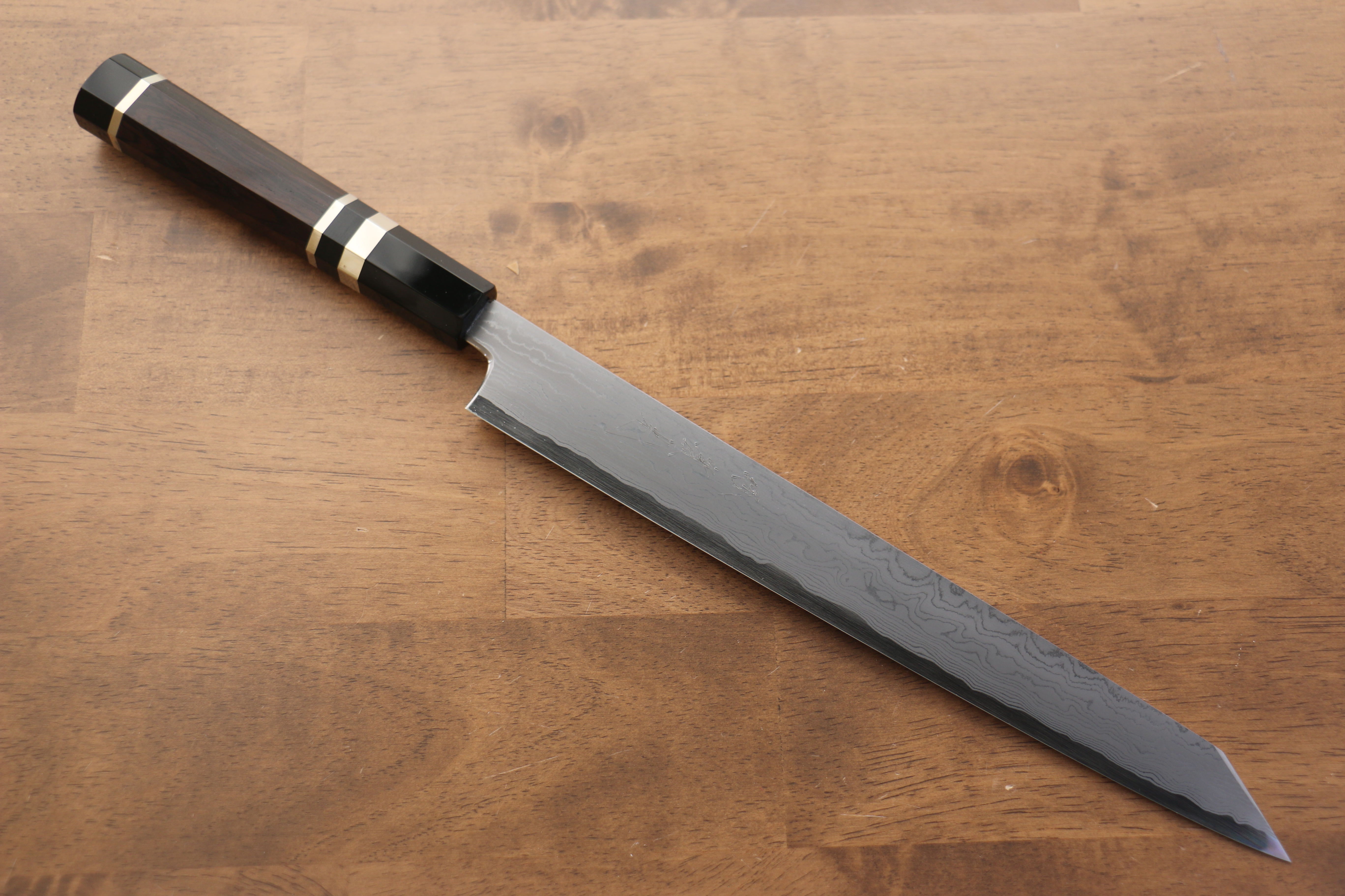 Jikko Blue Steel Damascus Kiritsuke Sujihiki  270mm Ebony with Double Ring Handle - Japanny - Best Japanese Knife