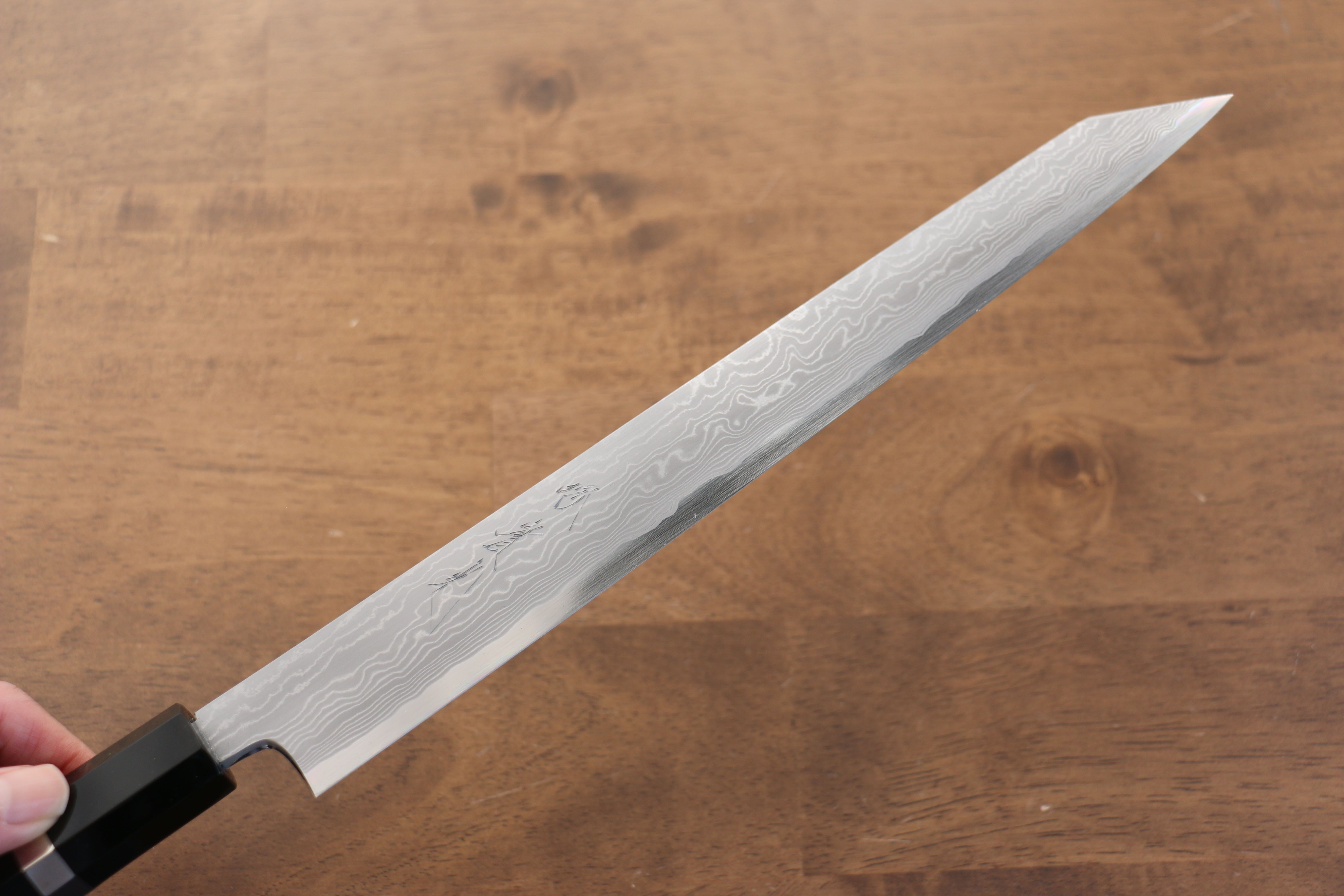 Jikko Blue Steel Damascus Kiritsuke Sujihiki  270mm Ebony with Double Ring Handle - Japanny - Best Japanese Knife