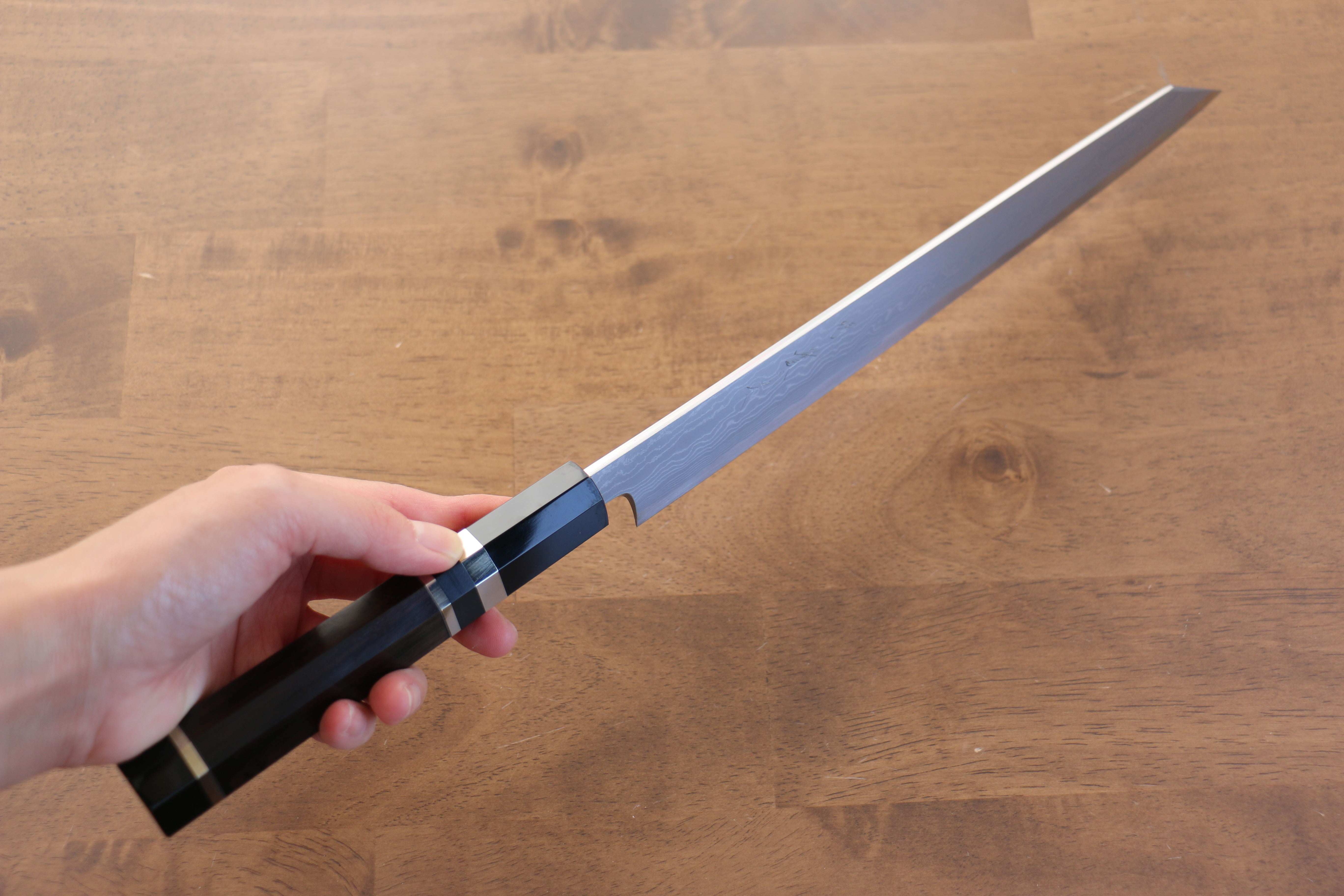 Jikko Blue Steel Damascus Kiritsuke Sujihiki  270mm Ebony with Double Ring Handle - Japanny - Best Japanese Knife