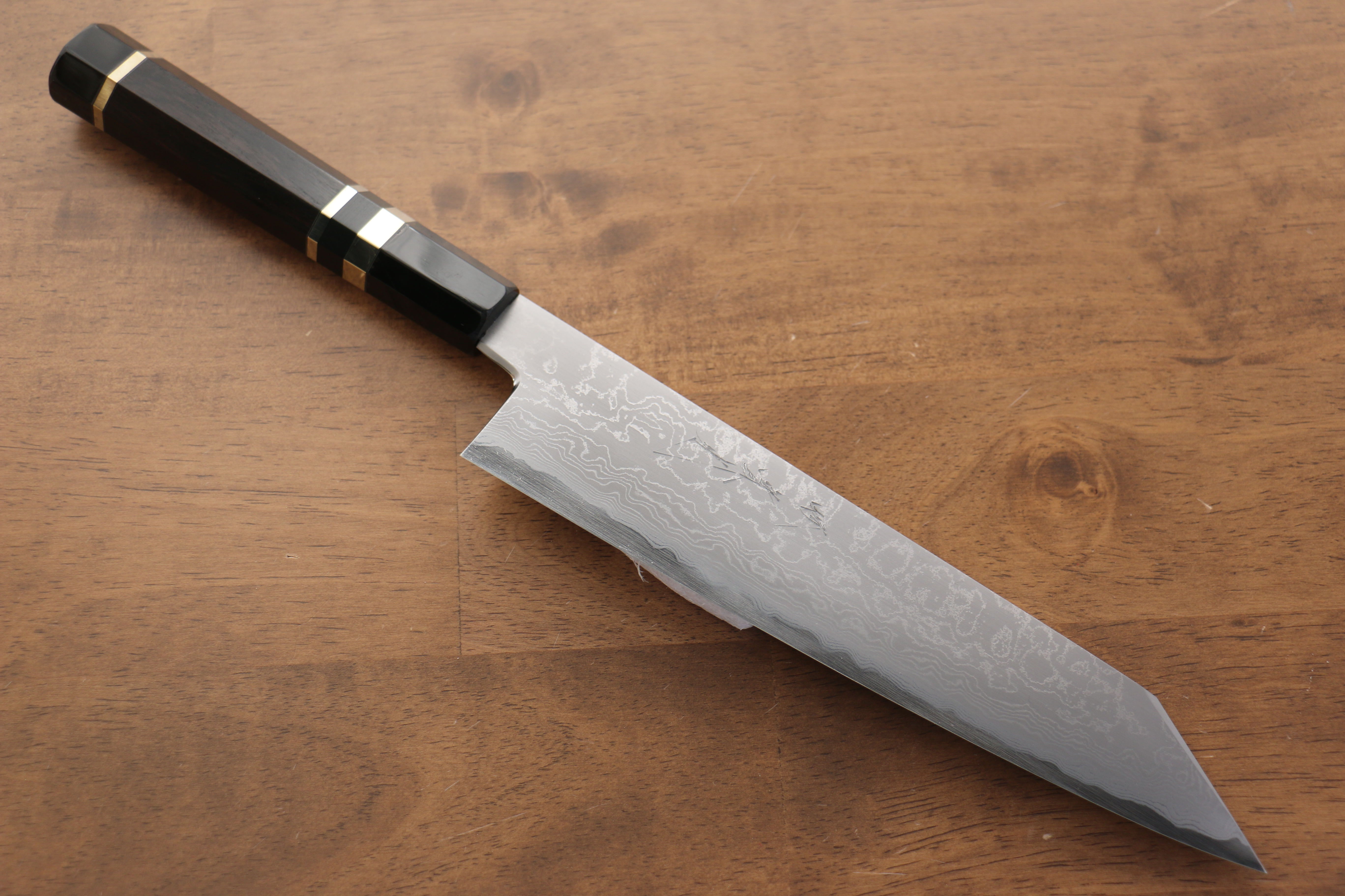 Jikko Blue Steel Damascus Kiritsuke Gyuto  210mm Ebony with Double Ring Handle - Japanny - Best Japanese Knife