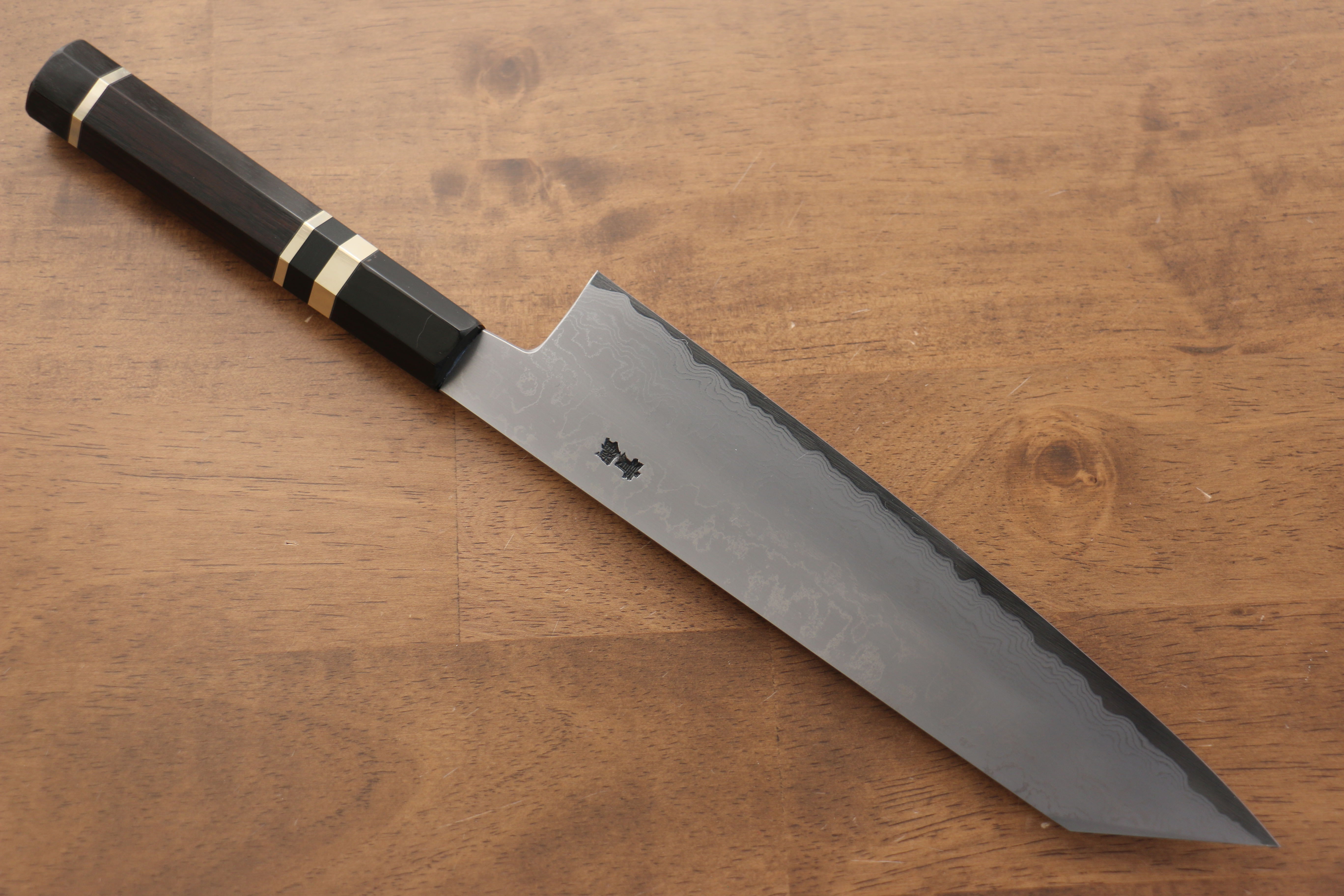 Jikko Blue Steel Damascus Kiritsuke Gyuto  210mm Ebony with Double Ring Handle - Japanny - Best Japanese Knife