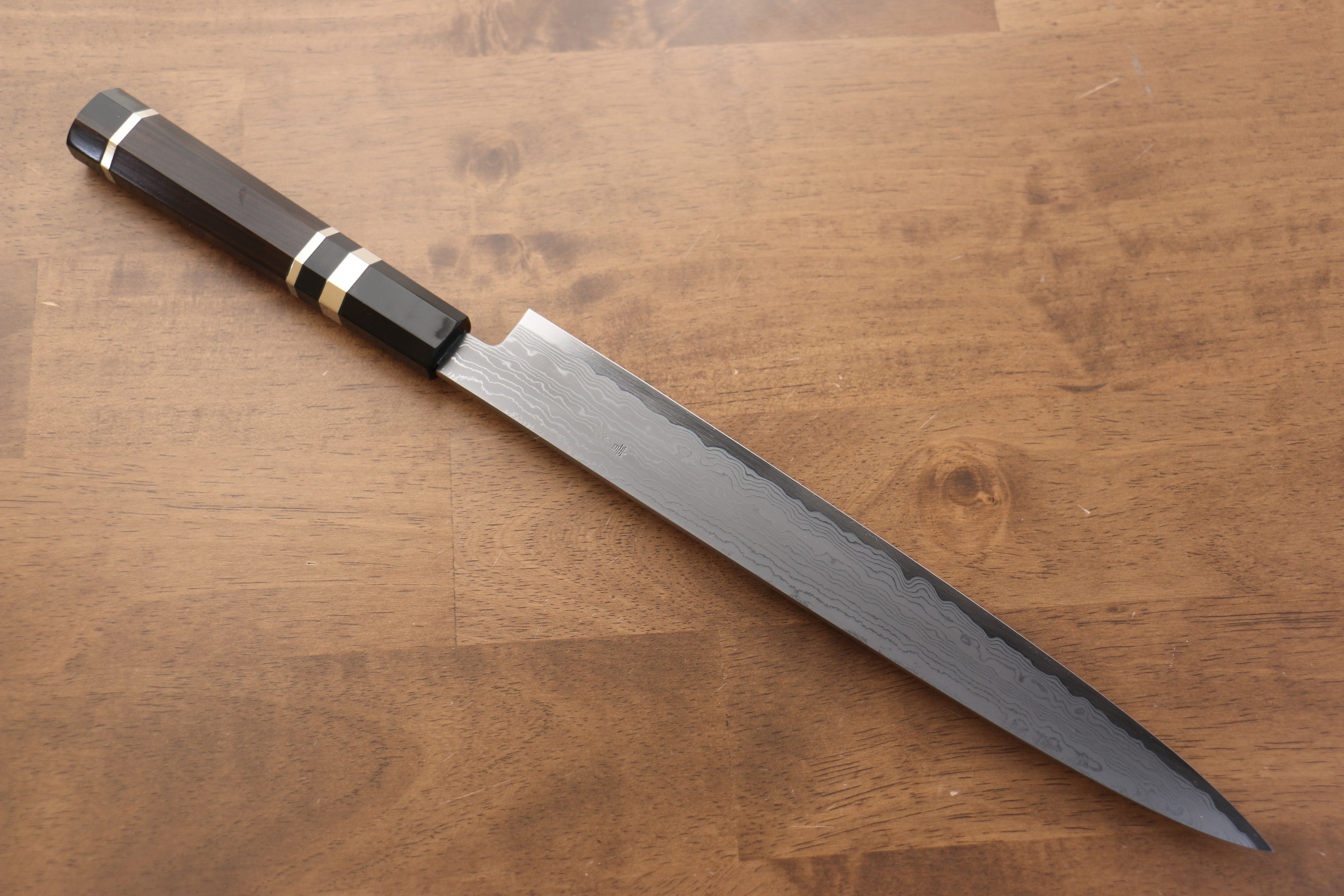 Jikko Blue Steel Damascus Sujihiki  300mm Ebony with Double Ring Handle - Japanny - Best Japanese Knife