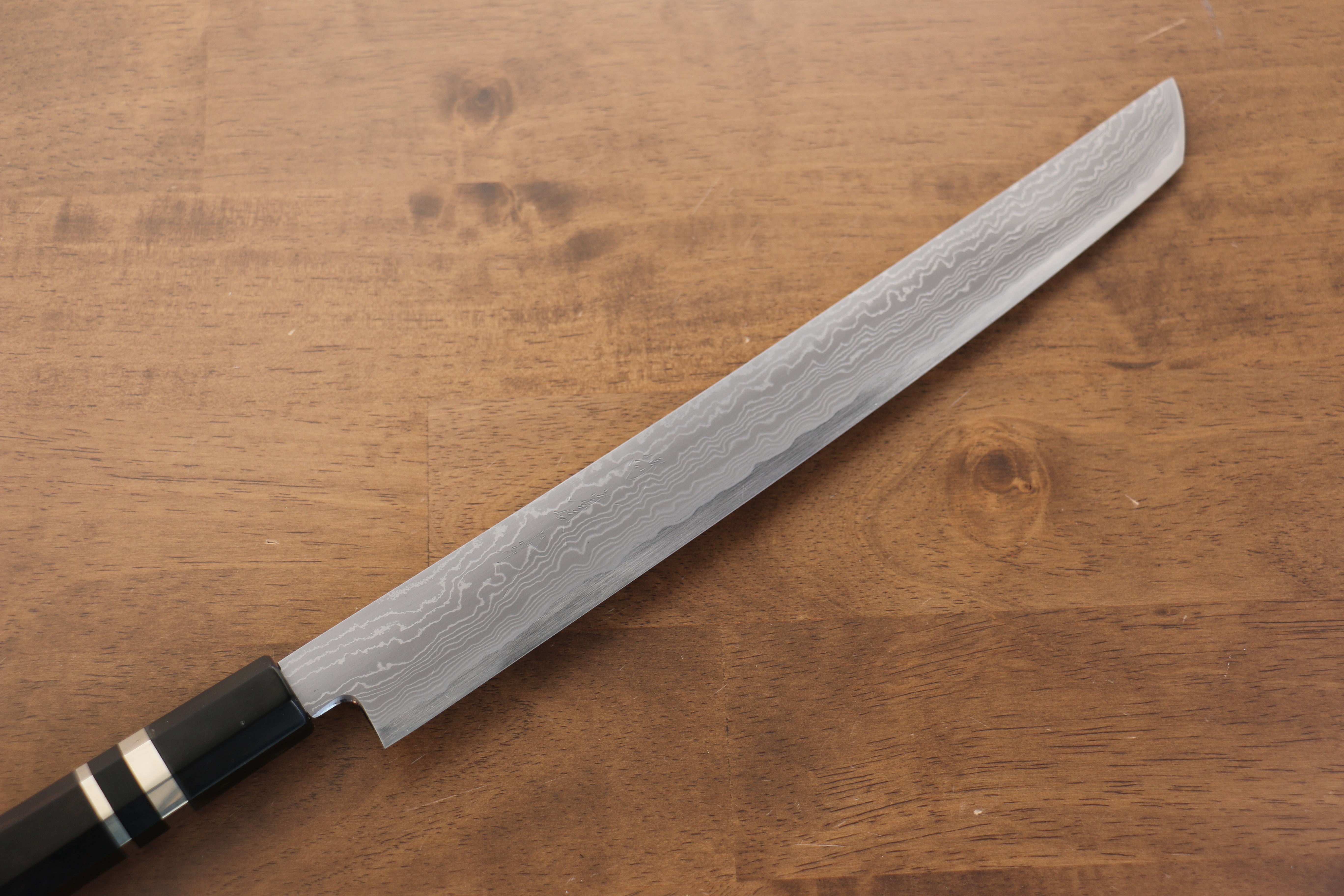 Jikko Blue Steel Damascus Sakimaru Sujihiki  300mm Ebony with Double Ring Handle - Japanny - Best Japanese Knife