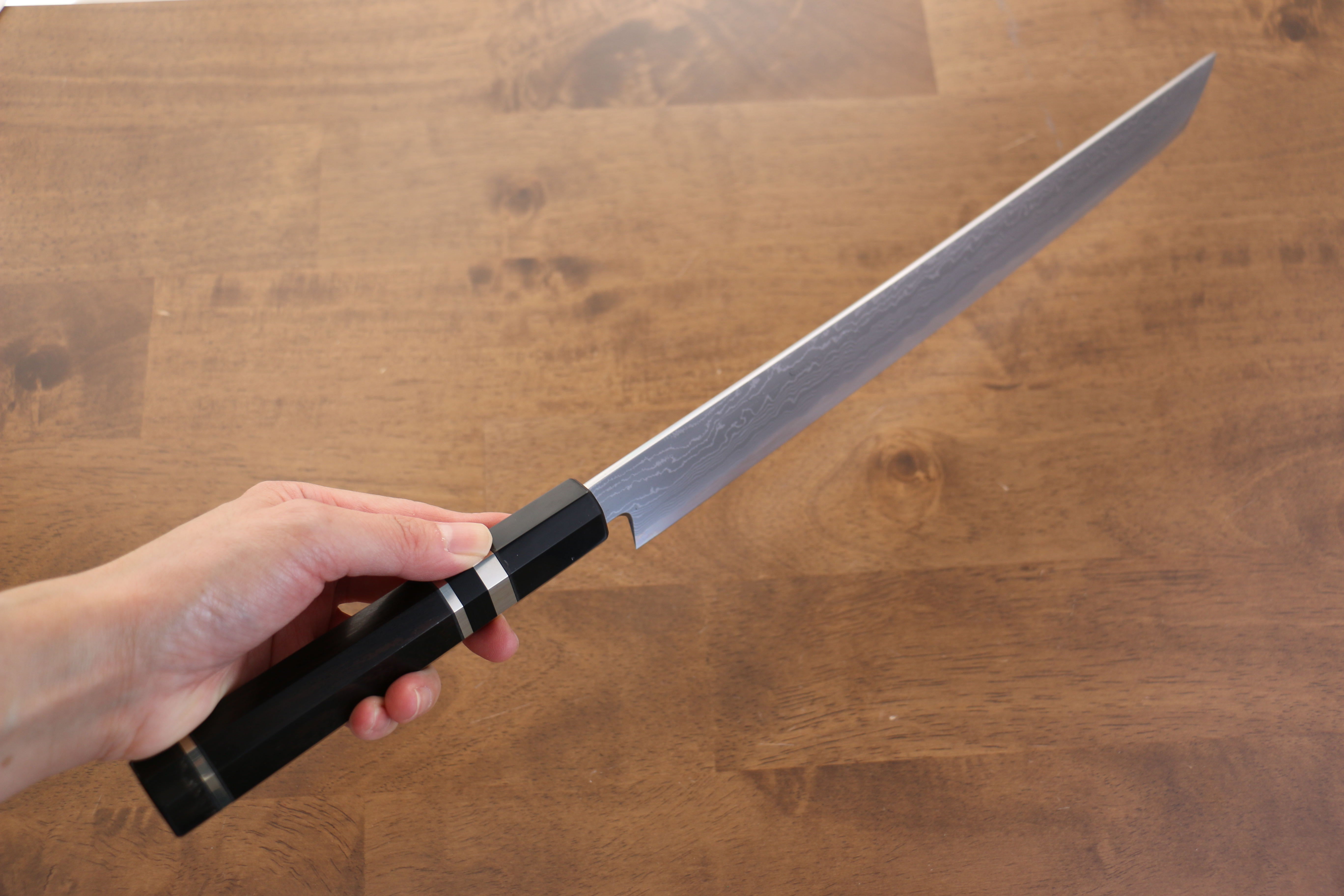 Jikko Blue Steel Damascus Sakimaru Sujihiki  300mm Ebony with Double Ring Handle - Japanny - Best Japanese Knife