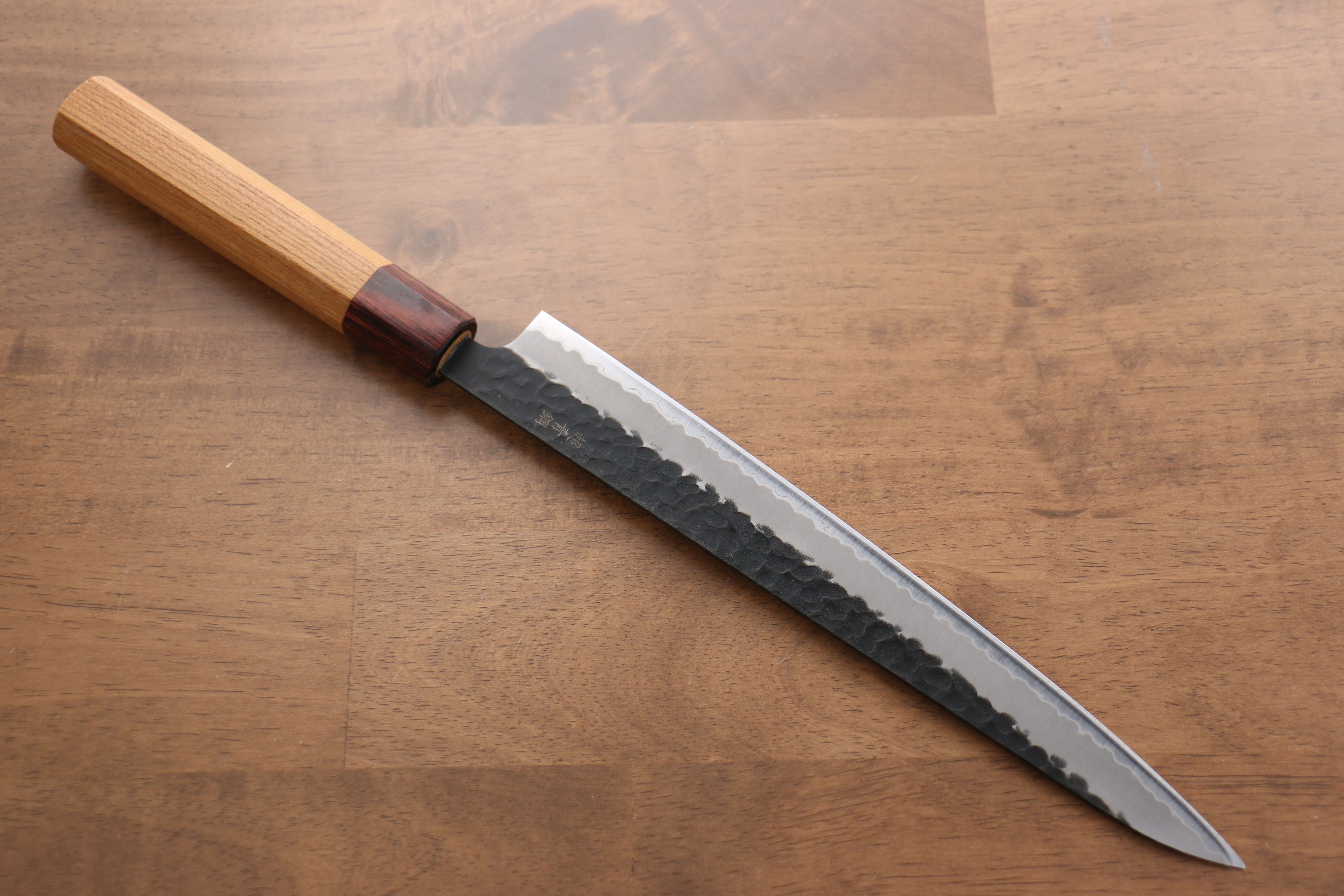 Sakai Takayuki Blue Super Hammered Black Finished Sujihiki 240mm Keyaki (Japanese Elm) Handle - Japanny - Best Japanese Knife