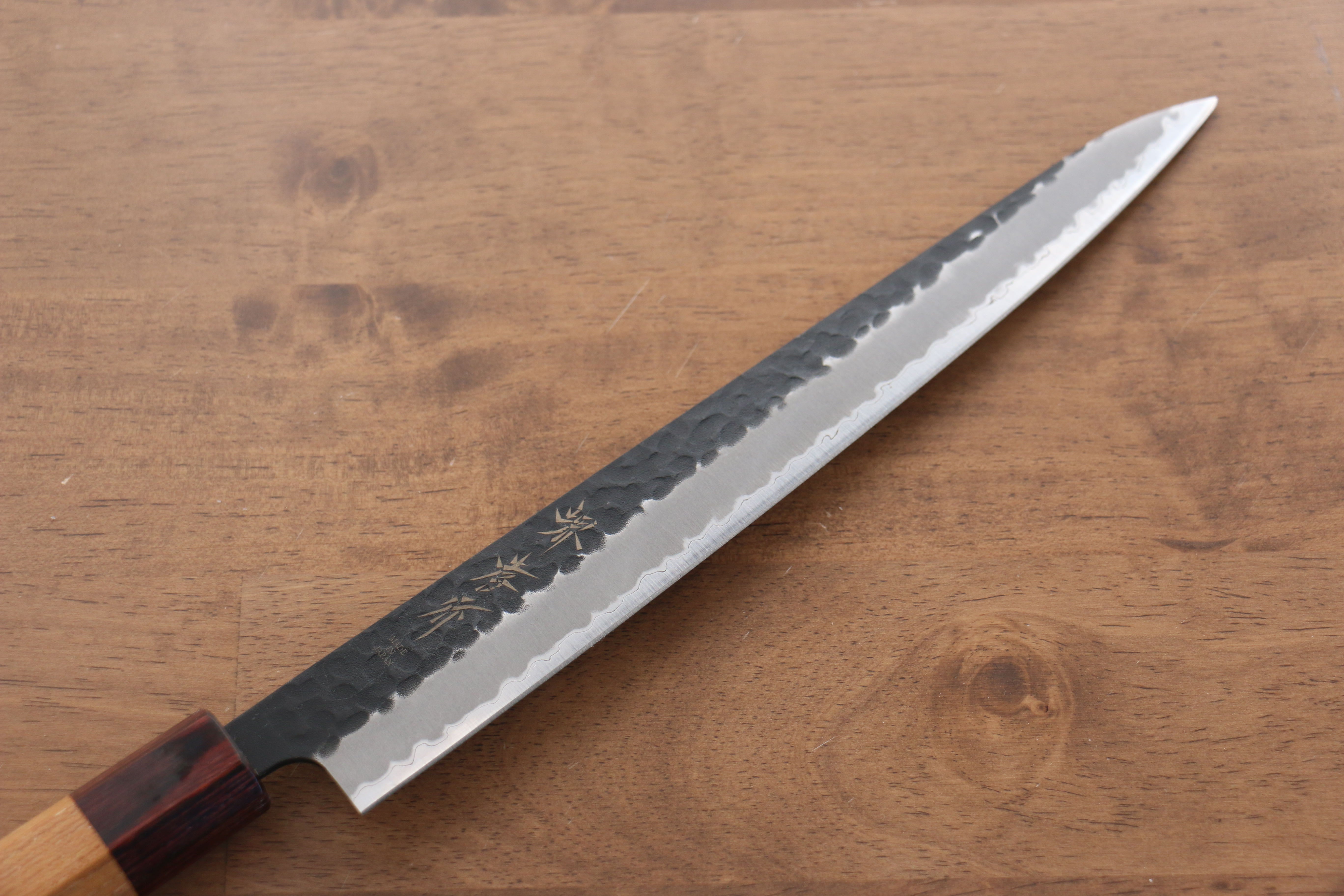 Sakai Takayuki Blue Super Hammered Black Finished Sujihiki 240mm Keyaki (Japanese Elm) Handle - Japanny - Best Japanese Knife