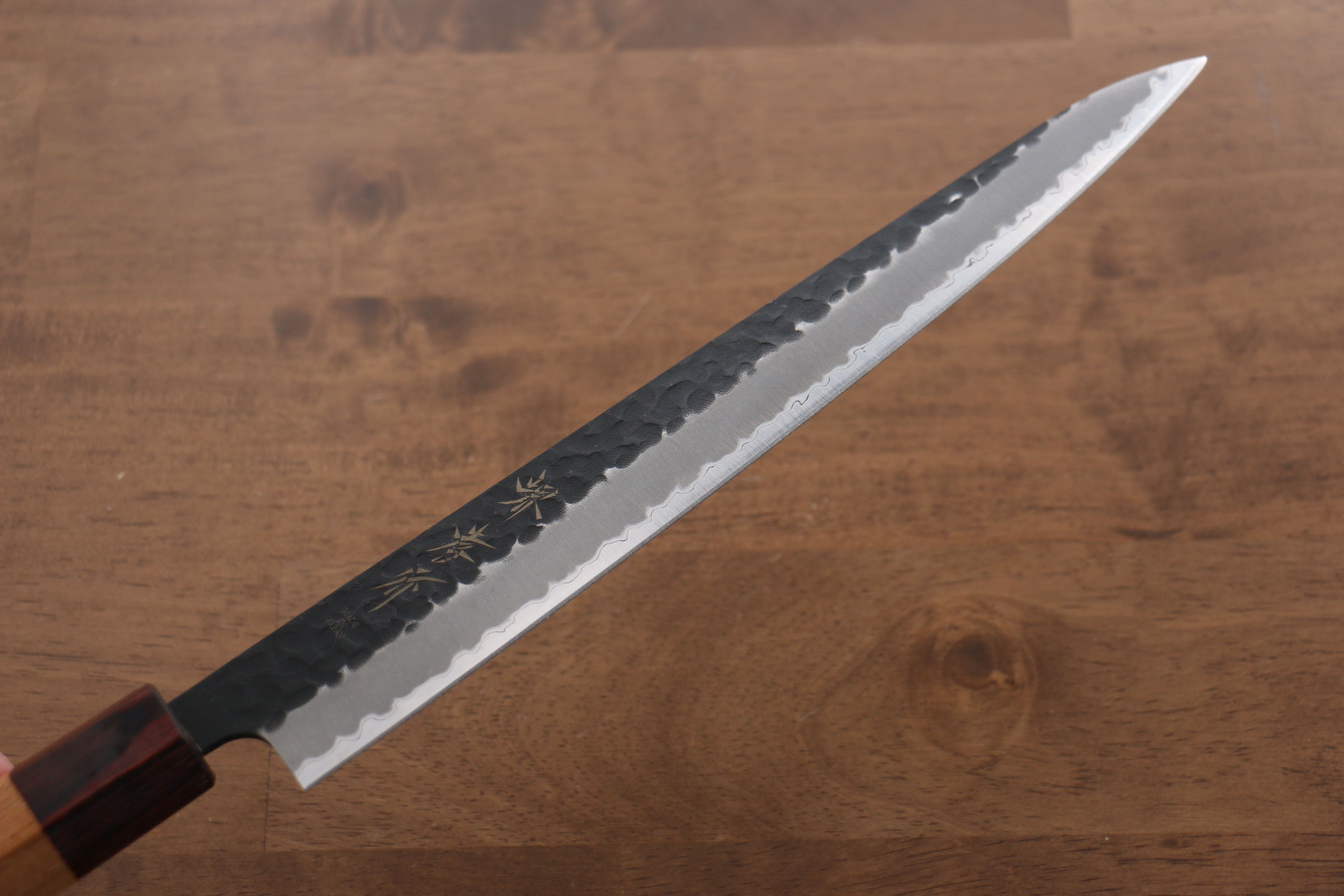 Sakai Takayuki Blue Super Hammered Black Finished Sujihiki 240mm Keyaki (Japanese Elm) Handle - Japanny - Best Japanese Knife