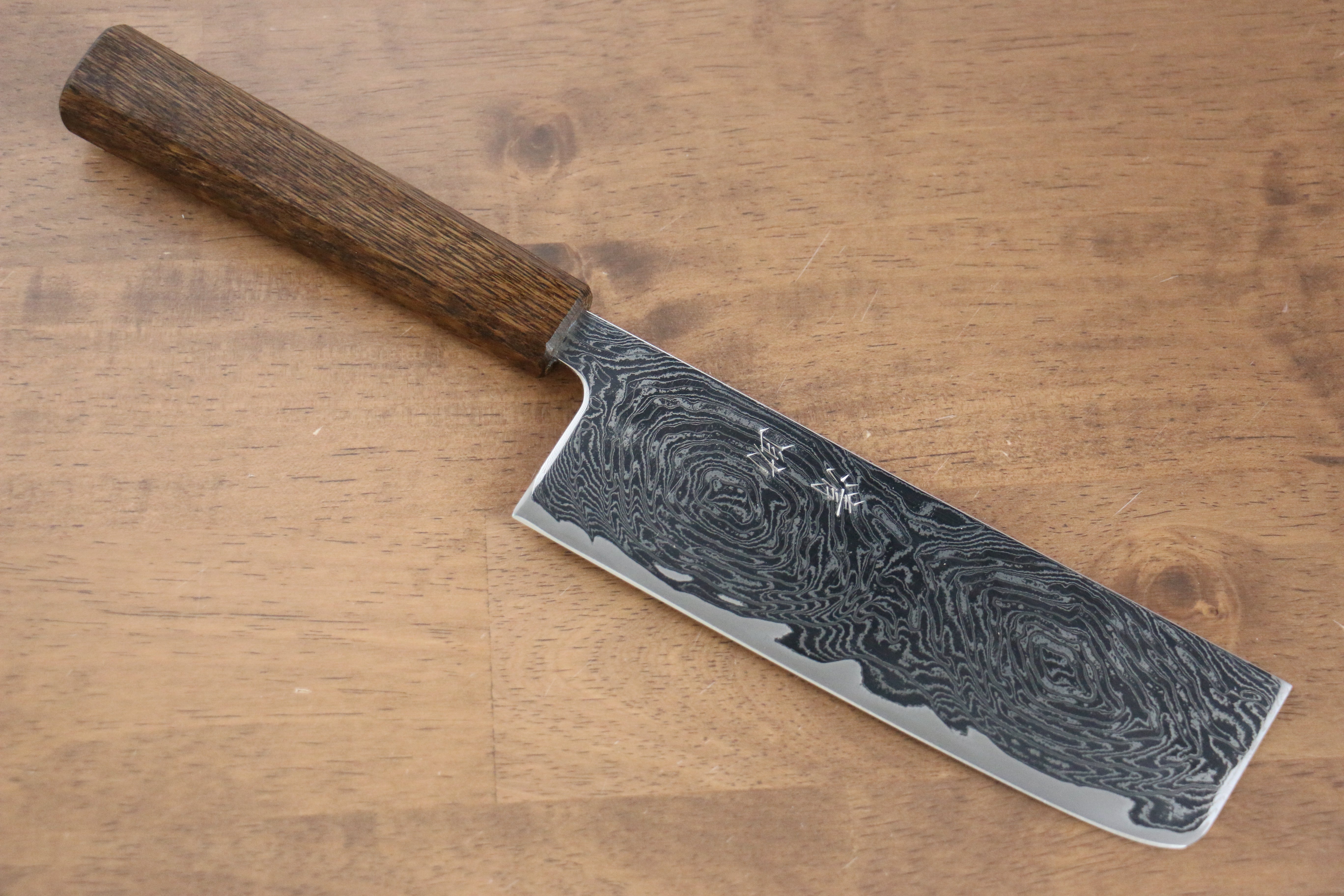 Seisuke Nami AUS10 Mirrored Finish Damascus Nakiri 170mm Oak Handle - Japanny - Best Japanese Knife
