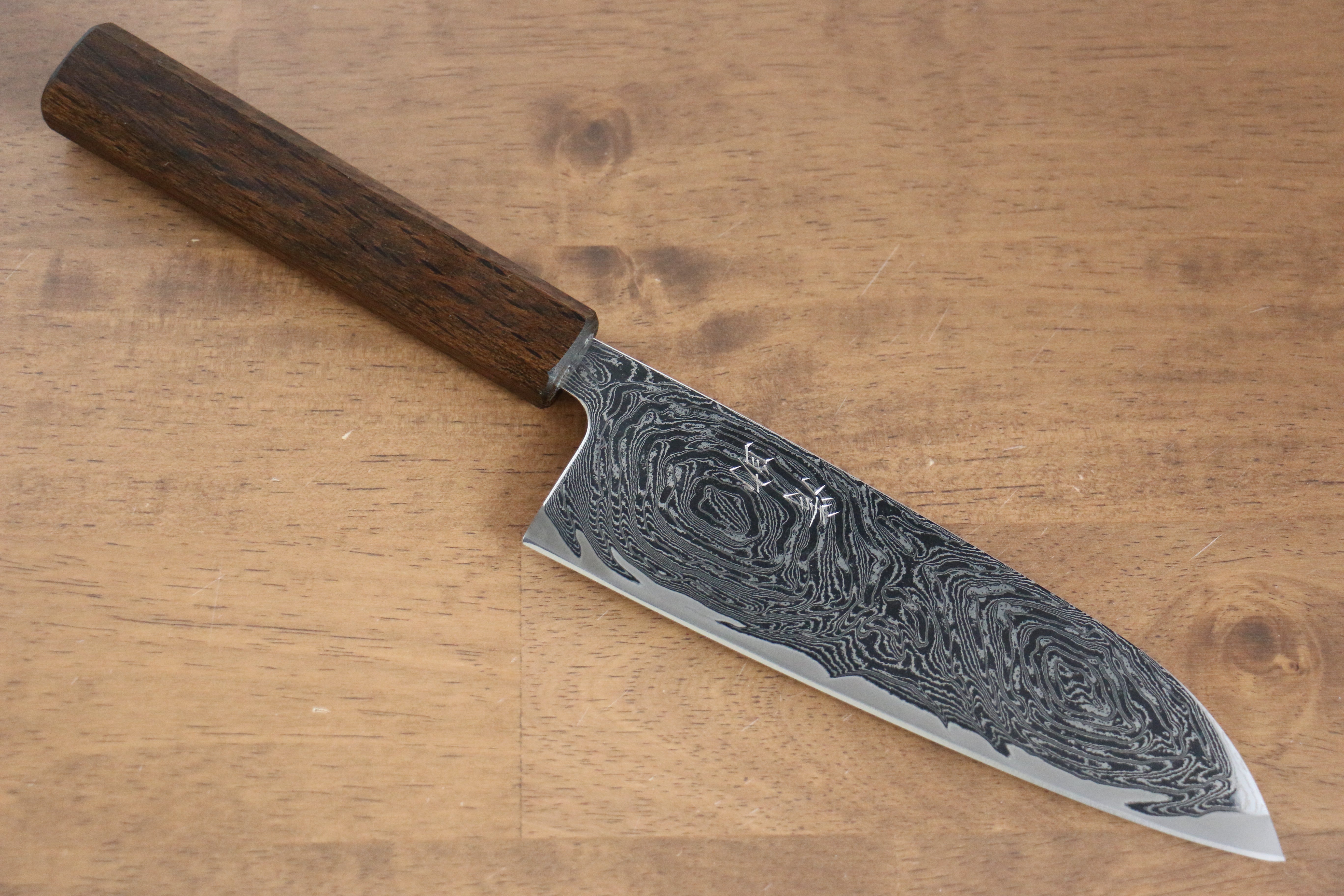 Seisuke Nami AUS10 Mirrored Finish Damascus Santoku 165mm Oak Handle - Japanny - Best Japanese Knife