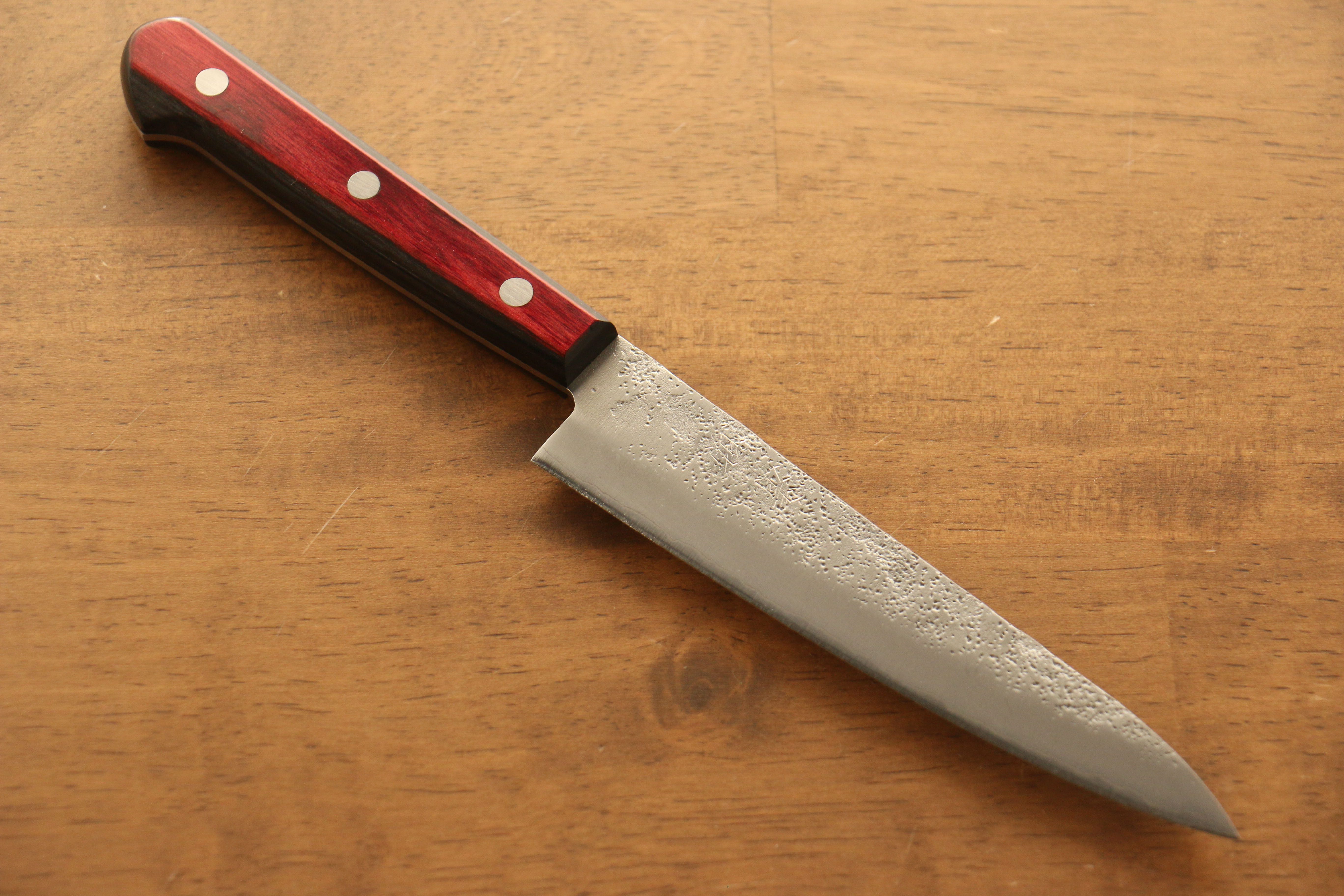 Seisuke Silver Steel No.3 Nashiji Petty-Utility 135mm Red Pakka wood Handle - Japanny - Best Japanese Knife