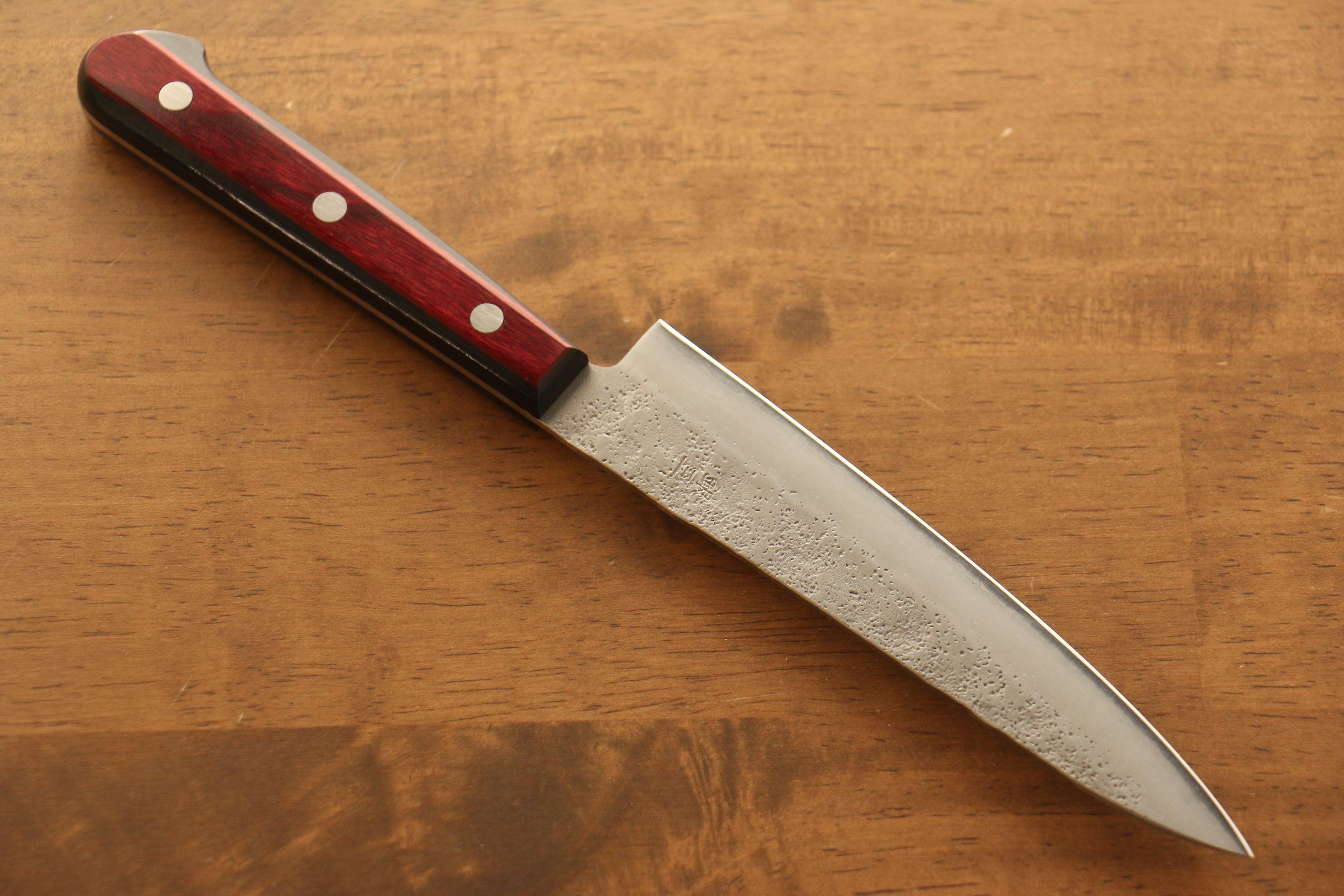 Seisuke Silver Steel No.3 Nashiji Petty-Utility 135mm Red Pakka wood Handle - Japanny - Best Japanese Knife