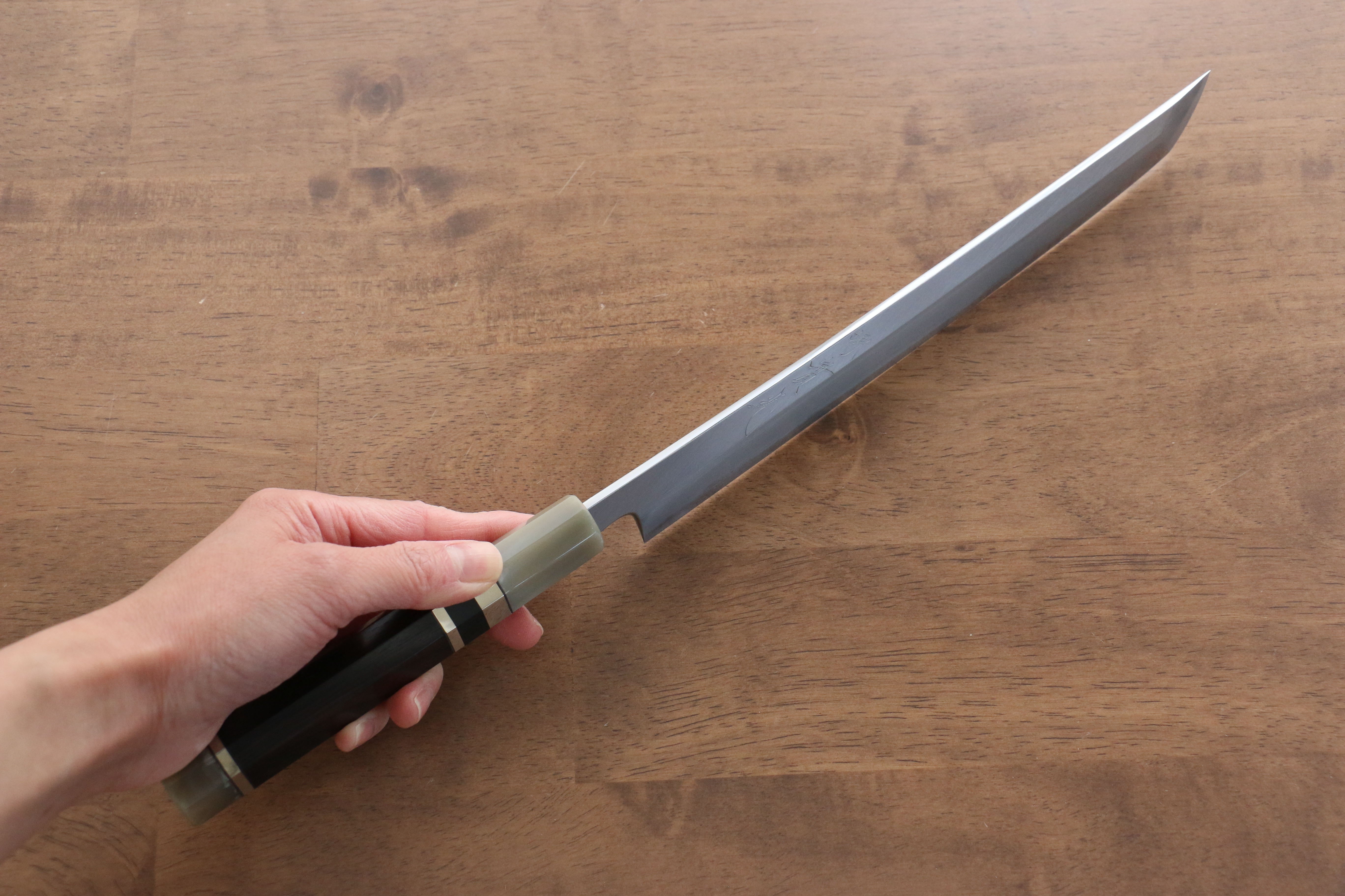 Jikko Shiko White Steel Sakimaru Yanagiba  240mm Ebony with Double Ring Handle - Japanny - Best Japanese Knife