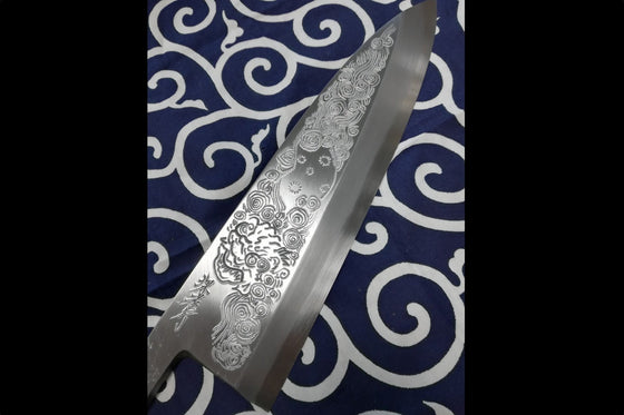 Sakai Takayuki Kasumitogi White Steel Shishifunjin engraving Deba - Japanny - Best Japanese Knife