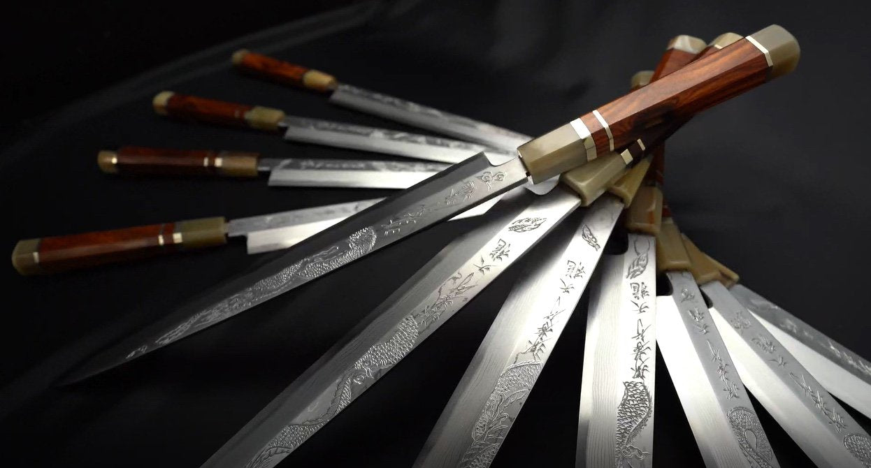 Sakai Takayuki Tenryu Uzushio Blue Steel No.2 Dragon Engraved Yanagiba 300mm Red Ebony Wood Handle with Sheath - Japanny - Best Japanese Knife