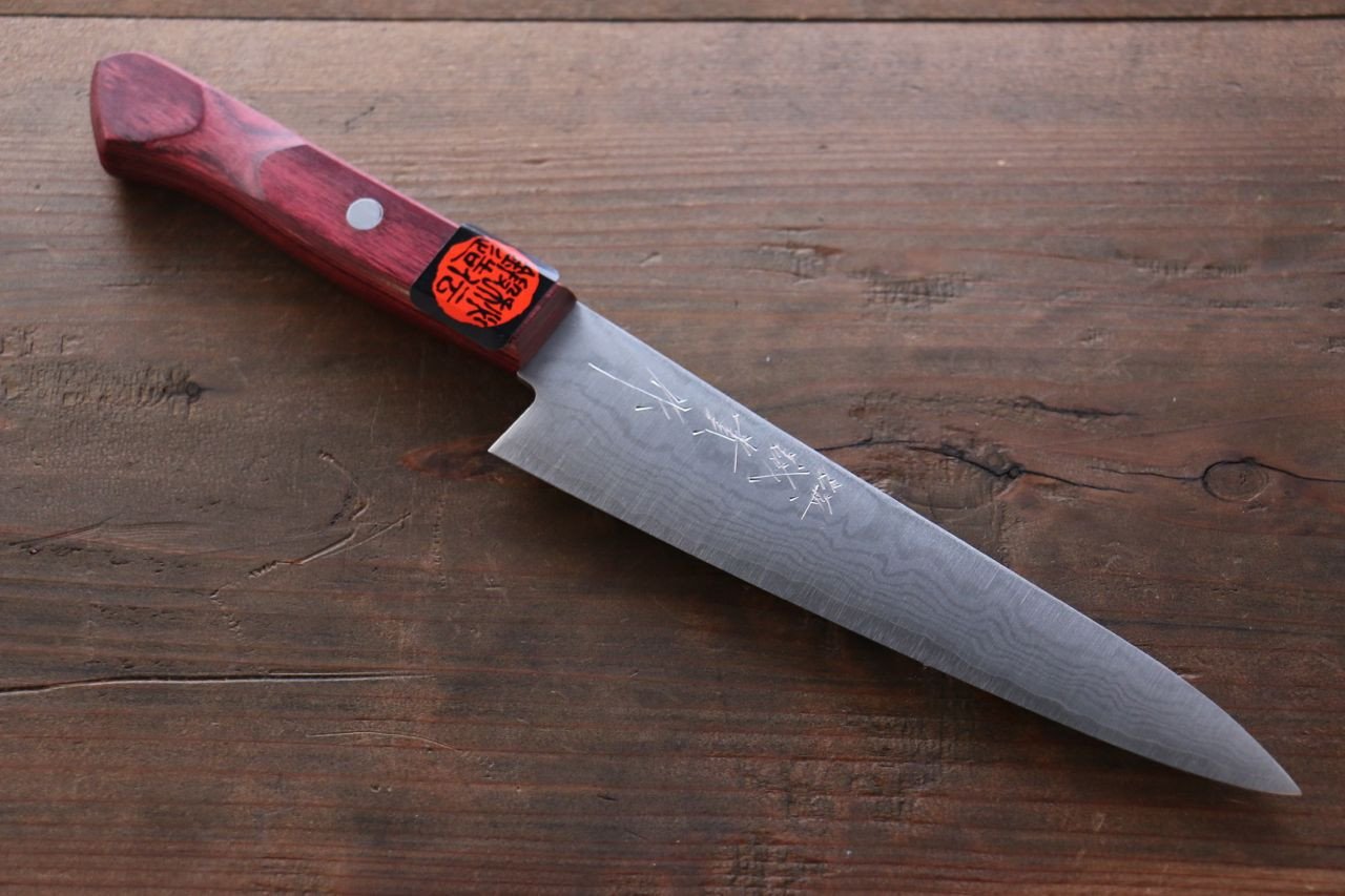 Shigeki Tanaka VG10 17 Layer Damascus Petty-Utility 150mm Red Pakka wood Handle - Japanny - Best Japanese Knife