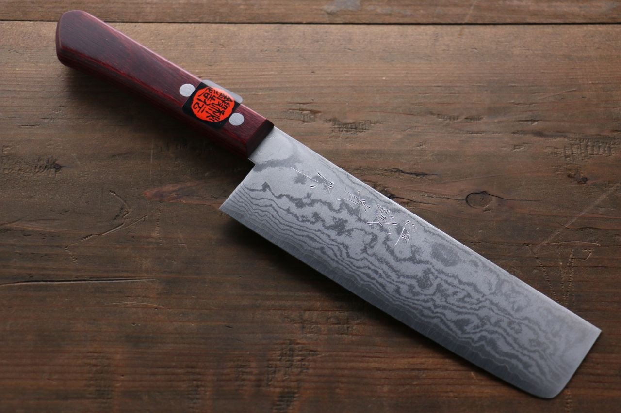 Shigeki Tanaka VG10 17 Layer Damascus Nakiri  160mm Red Pakka wood Handle - Japanny - Best Japanese Knife