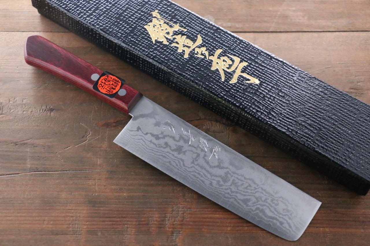 Shigeki Tanaka VG10 17 Layer Damascus Nakiri  160mm Red Pakka wood Handle - Japanny - Best Japanese Knife